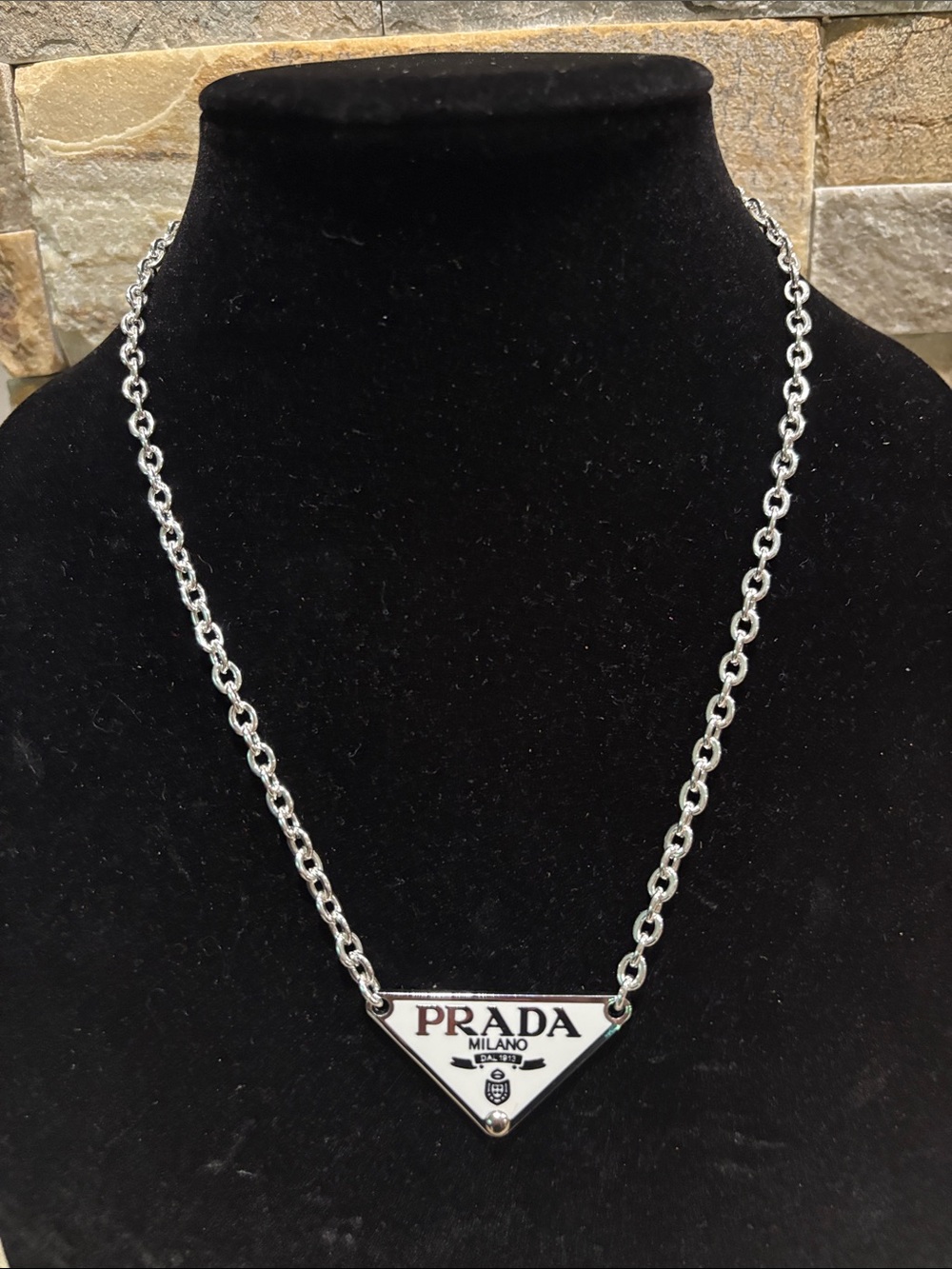 Prada White Enamel Triangle Logo Necklace with Silver Chain